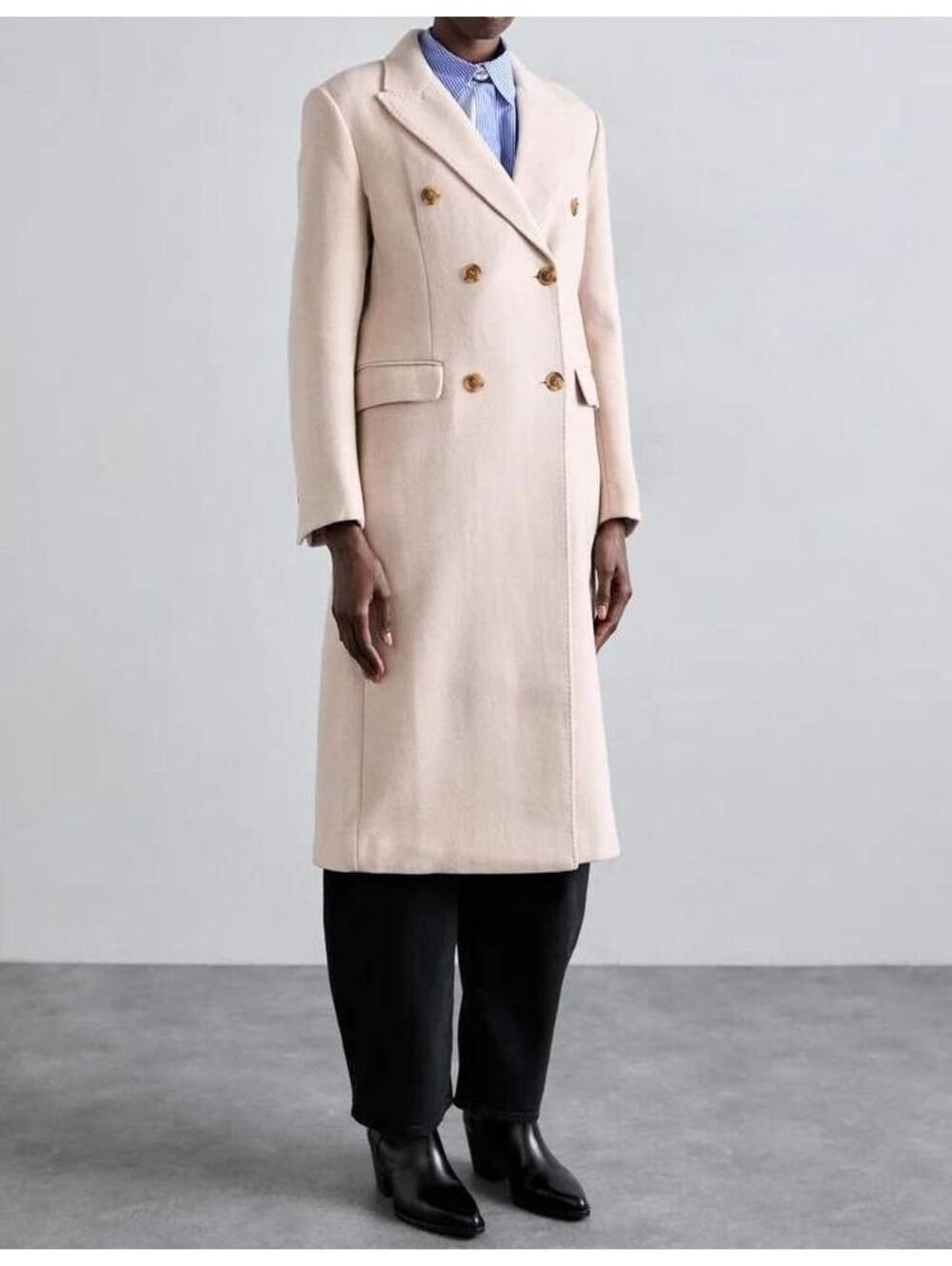 Maje Long Lined Coat Ecru Beige Double-Breasted Button Front Classic French Chic